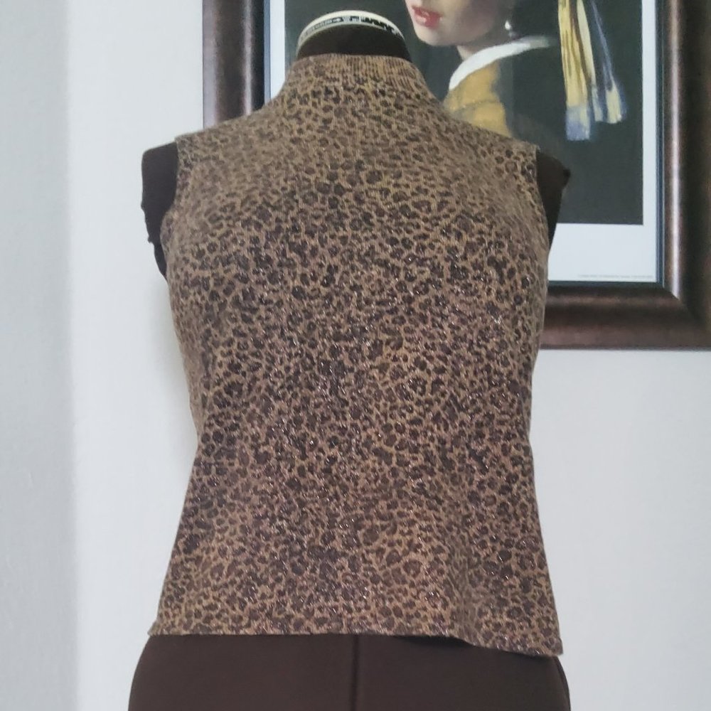 M 10 Y2K Glittery Mock Neck Brown Gold Leopard Print Cropped Sweater Sleeveless